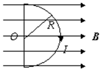 一半圆形线圈半径为R，共有N 匝，所载电流为I，线圈放在磁感强度为B的均匀磁场中，B的方向始终与线圈