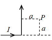 一无限长载有电流I的直导线在一处折成直角，P点位于导线所在平面内，距一条折线的延长线和另一条导线的距