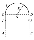 通有电流为I 的无限长导线弯成如图形状，其中半圆段的半径为R，直线CA和DB平行地延伸到无限远，则圆