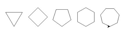 使用 turtle 库绘制5种多边形，效果如下图所示。阅读程序框架，补充横线处代码。 from tu