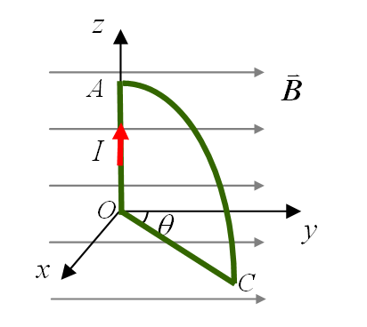 Oxy坐标系中有一个刚性导线圈ACOA。该线圈可绕 z 轴转动，AC是半径为 R 的四分之一圆弧，坐