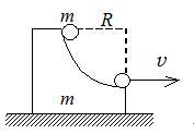 一质量为 m 的滑块，由静止开始沿静止的1/4圆弧形光滑木槽滑下。木槽的质量也是 m ,槽的圆半径为