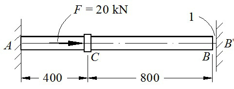 如图所示钢杆的直径为5mm，左端固定有墙A，右端B与墙B′ 有间隙δ=1mm，截面C上作用有外载荷F