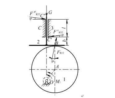 图示为一偏心圆盘式的凸轮机构，设已知机构的尺寸（包括各转动副的半径r） 、接触状况系数k和各运动副的