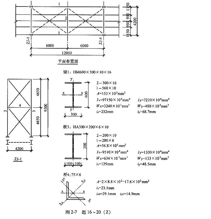题16～20：某皮带运输通廊为钢平台结构，采用钢支架支承平台，固定支架未示出。钢材采用Q235-B钢