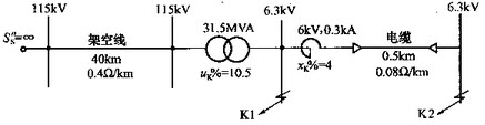 现想将K2点的三相短路电流I″K2限制到最大允许值25kA，则出线上装设限流电抗器的xK2％为（）（