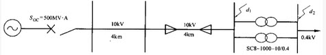 供电系统如下图所示，求各部分电抗标幺值。（χo缆=0．08Ω／km，χo架=0．4Ω／km，Ud％=