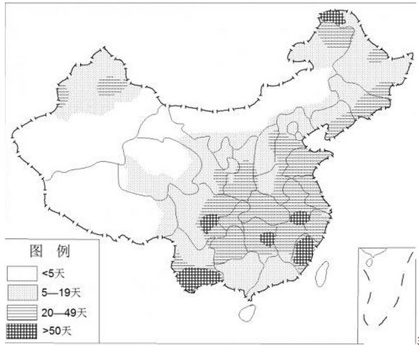 雾是悬浮在近地面空气中的大量微小水滴凝成冰晶，图2为“中国年平均雾日空间分布图”，据材料回下列各题。