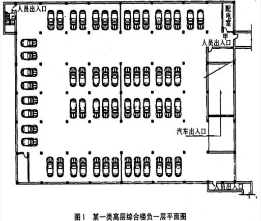 某一类高层综合楼，地下一层为汽车库和设备用房，车库部分建筑面积约为5900m2，可停放车辆约170辆