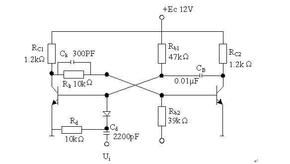如图所示的单稳态电路，计算T1管集电极输出脉冲幅度UDT1、脉冲宽度tp和电路的恢复时间tre	