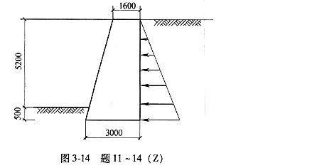 题11～14：某土坡高差5.2m，采用浆砌块石重力式挡土墙支挡，如图3-14所示。墙底水平，墙背竖直