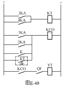 绘图题：简述图E-49的动作过程。		KA-电流继电器；KT-时间继	电器；KCO-出口继电器；	Y