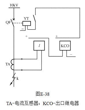 绘图题：如图E-38所示为电流速断保护单相原理接线图，当“k”点发生短路时，试说明其动作过程。	