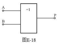 绘图题：如图E-18所示为逻辑门，请写出P与A、B之间的关系等式。	