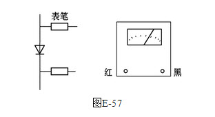 绘图题：	用万用表测二极管V，表针指示约几百欧，把图E-57中的线连上。