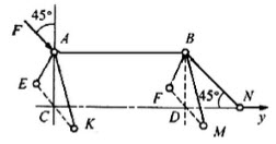 图示空间力系由6根桁架构成。在节点A上作用力F，此力在矩形ABDC平面内，且与铅直线成45º。ΔEA