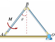 已知均质杆OB=AB=l，质量均为m，在铅垂面内运动，AB杆上作用一不变的力偶矩M，系统初始静止，不