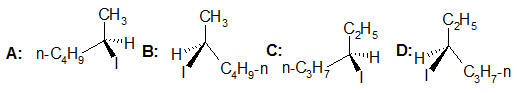下列化合物中，（R）-2-碘己烷的对映体是（）。