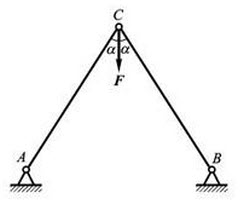 图示构架ABC中，力作用在销钉C上，则销钉C对杆AC的作用力与销钉C对杆BC的作用力（）。