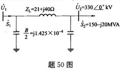 某330kV输电线路的等值电路如题50图所示，已知=150-j20MVA，线路始端功率及始端电压为（