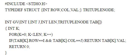 指出下面函数GV的功能及其返回值的含义。其中，Tab是存储稀疏矩阵A的非零元素的长度为LEN的三元组
