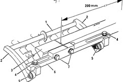 参照下图，简述YJ29滤嘴接装机烟支切刀组件端部导轨的调整方法。	1.量棒；2.端部导轨；3.固定托