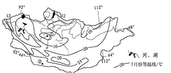 该图示意亚洲某内陆国水系分布和七月份气温分布情况。读图完成问题。该国（）