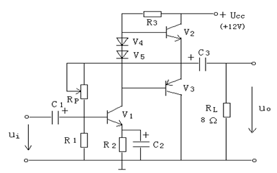 OTL电路如图4所示，输入ui为正弦波，设V1激励级电压放大倍数为10，	输出级电压放大倍数近似为1