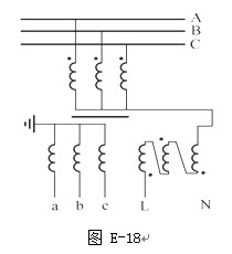 如图E-18所示，电压互感器的变比为，第三绕组接成开口三角形，但B相极性接反，正常运行时开口三角形侧