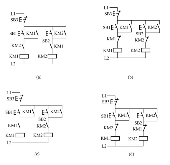 绘图题：图E-56（a）、（b）、（c）、（d）中哪些图不符合接触联锁正反转控制电路的要求？	