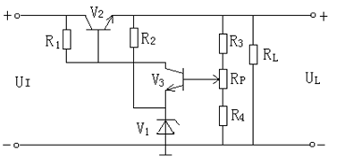在下图所示电路中，R3=R4=RP=1kΩ，若V1管的稳压值为6.3V，输入电压UI=25V，晶体管