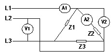 	将三相对称负载连接成三角形，如下图所示，图中电压表V1与V2的读数为（）	A. ['A、V1=V2