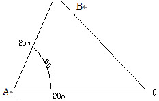 计算题：下图为一任意三角形，根据图中所给数据，计算三角形面积。	