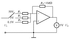 计算题：如图d-18所示电路为用运算放大器测量电压的原理图。设运算放大器的开环电压放大倍数a0足够大