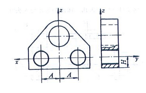 镗两小孔（上方大孔已加工），保证尺寸A和H。指出工件定位应限制的自由度。	