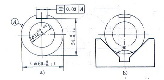 计算题：在图a所示工件上加工键槽，要求保证尺寸		和对称度0.03。现采用图b所示定位方案，试计算该
