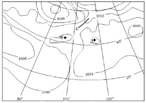 下图为中央气象台2013年9月7日某时发布的亚欧地面等压线（单位：百帕）分布图，此时甲地昼夜温差较小