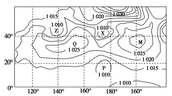 下图为中央气象台对2012年4月9日8时世界局部地区海平面气压场（单位：百帕）实况分析图。读图完成下