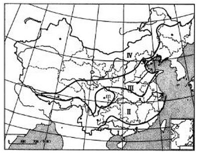 读“我国大陆性气候和海洋性气候”分布图，图中I为海洋性气候区，Ⅱ为海洋性过渡气候区，Ⅲ为大陆性过渡气