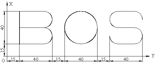 编程题：	用直径为6mm铣刀铣出下图所示的三个字母，深度为5mm，试编程。	