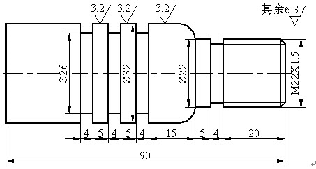 编程题：	零件图如图所示，以小批量生产条件编程，毛坯为Φ30×100的棒料，材料为45#钢，未注倒角