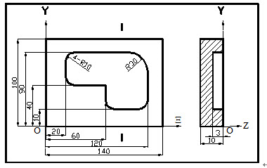 编程题：	零件图如图所示，要求以小批量生产条件编程，毛坯为150×110×15的45＃钢板。	