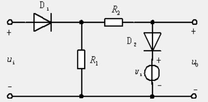 电路如图所示，D1，D2均为理想二极管，设U1=10V，ui=40sinωtV，则输出电压uo应为（