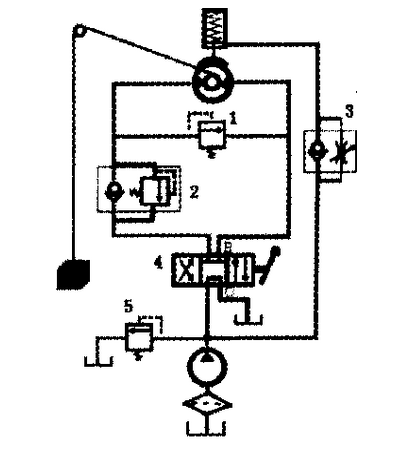 如图为采用定量泵与定量液压马达的开式起货系统，在本系统中元件l的功用是：（）。