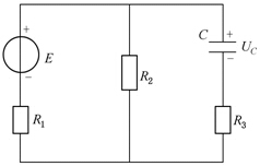 电路如图所示，已知E＝9V，R1＝1Ω，R2＝8Ω，R3＝5Ω，C＝12μF，则电容两端的电压Uc为