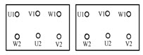 作图题：如图所示为交流电动机接线端示意图，试将在接线盒中将三相异步电动机分别连接成星形和三角形接法。