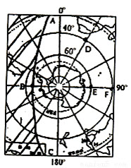 	（1）请在图上用箭头表示地球自转方向．	（2）在图上用△符号标出长城站和中山站的位置，中山站在长城
