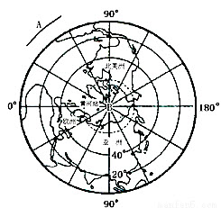 读图，回答问题．	（1）在A处弧线画上箭头，以表示地球自转方向．	（2）B处位于______洋，该大