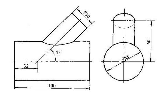 如图所示为一不等径圆管斜交三通，划出其相贯线并对插管进行展开。	