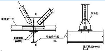 某厂房钢屋架下弦节点悬挂单轨吊车梁，按单跨简支构造，直线布置，计算跨度取L=6600mm，如下图所示